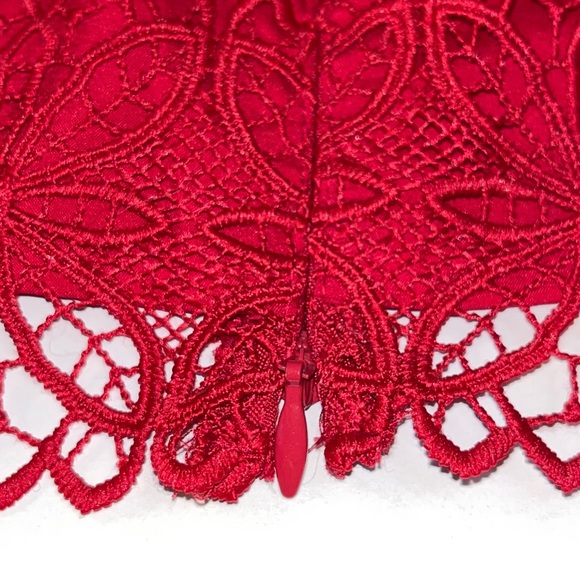 Talbots Petites lace top, bright red w/ see-through sleeves, zipper on left side - Picture 7 of 9